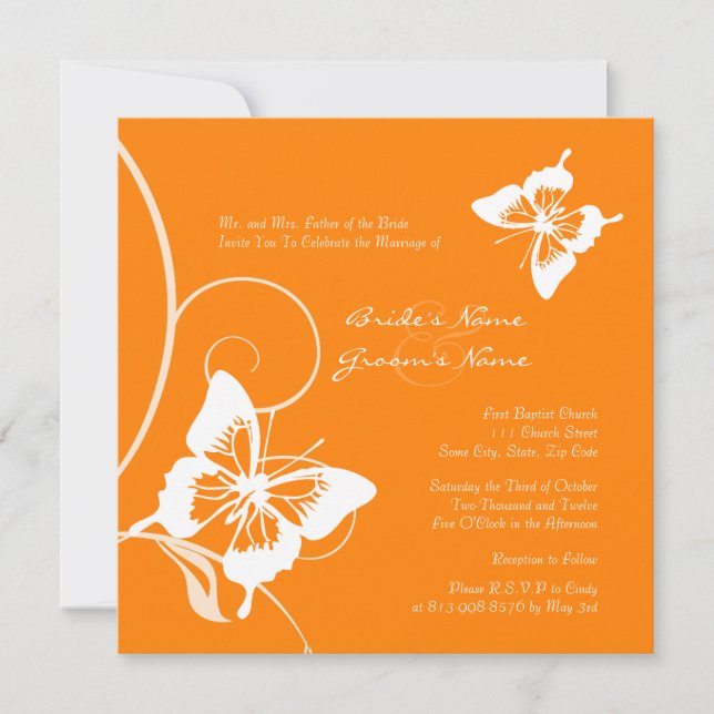 Invitación a la boda de mariposas blancas y naranj (Anverso)
