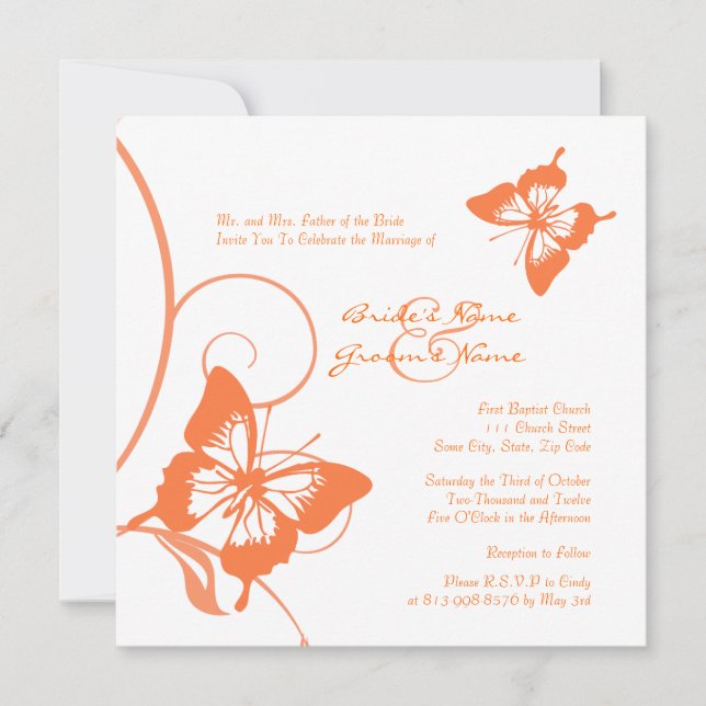 Invitación a la boda de mariposas blancas y naranj (Anverso)