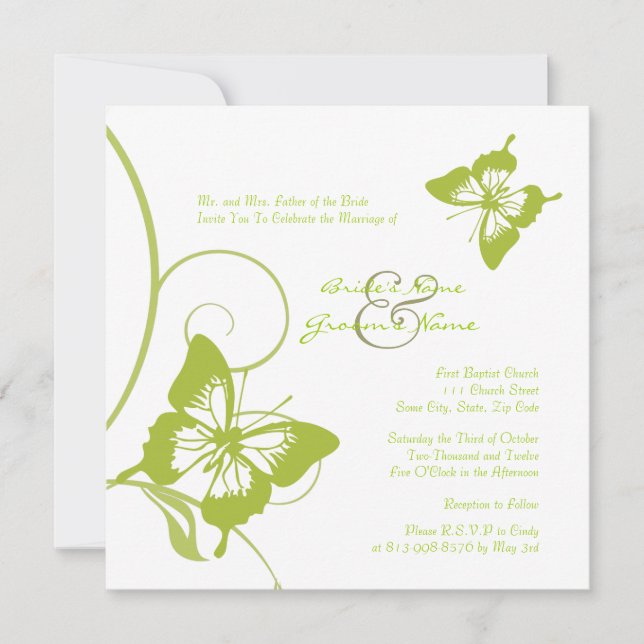 Invitación a la boda de mariposas blancas y verdes (Anverso)