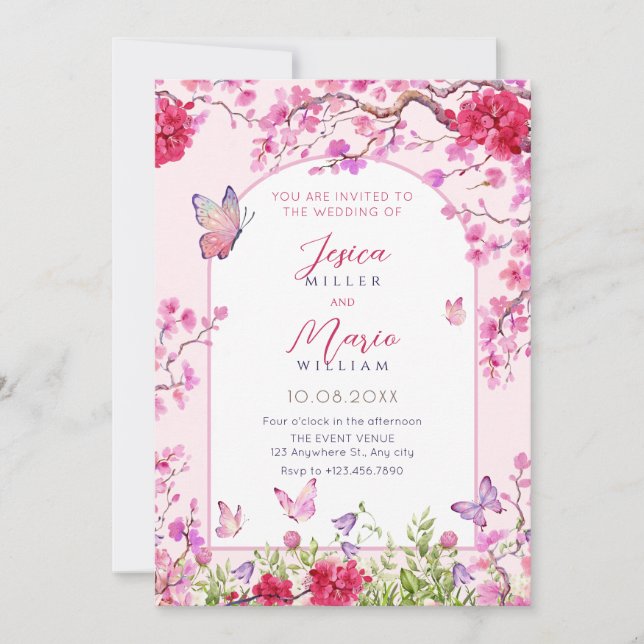 Invitación a la boda de mariposas con flores rosas (Anverso)