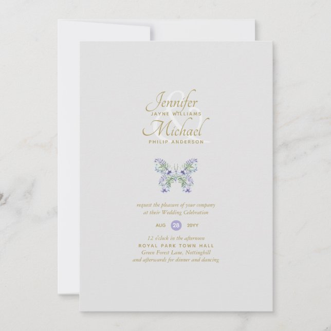 Invitación a la boda de mariposas de lavanda delga (Anverso)
