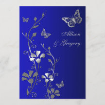 Invitación a la boda de mariposas florales azules 
