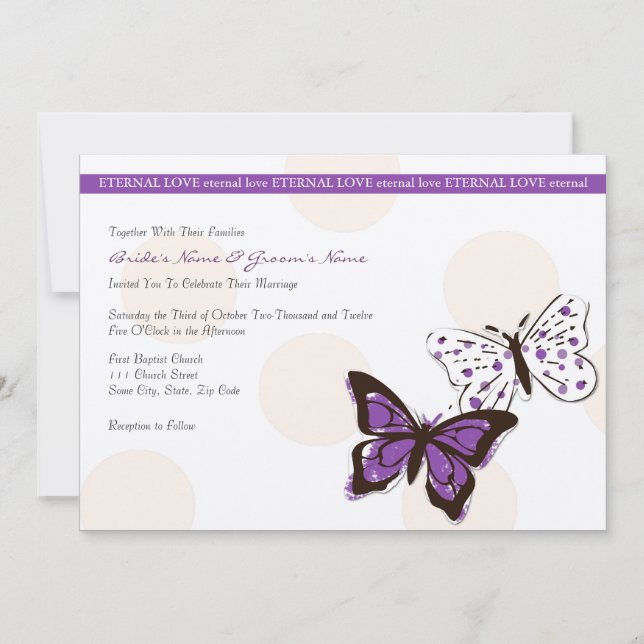 Invitación a la boda de mariposas Guay moradas y b (Anverso)