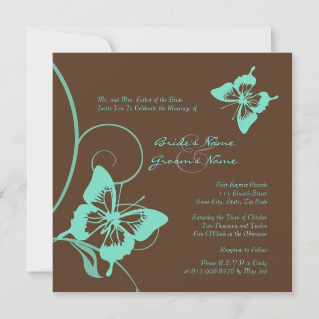 Invitación a la boda de mariposas marrón y Verde a (Anverso)