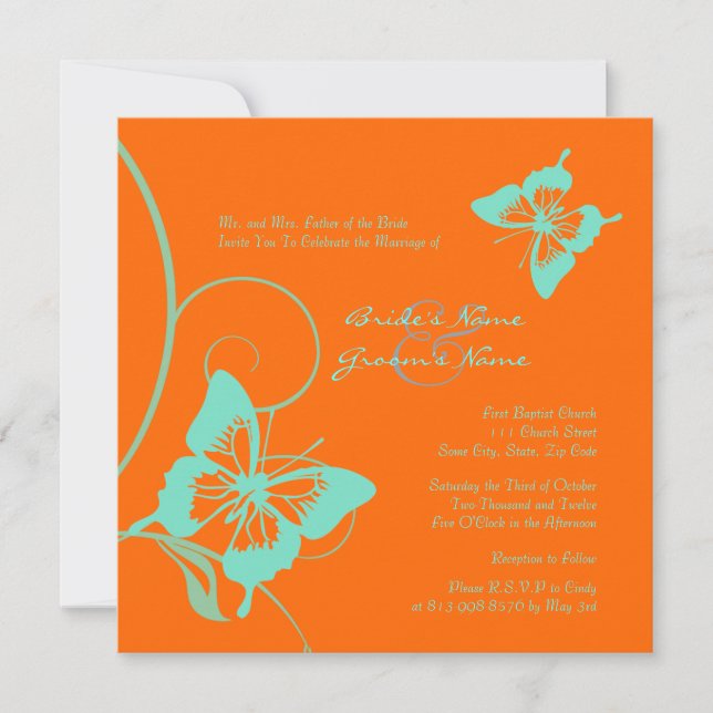 Invitación a la boda de mariposas Naranja y Verde  (Anverso)