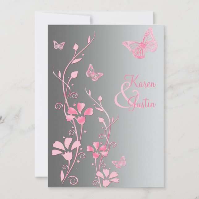 Invitación a la boda de mariposas plateadas y rosa (Anverso)