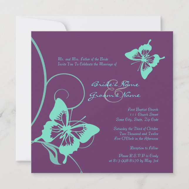 Invitación a la boda de mariposas púrpura y Verde  (Anverso)