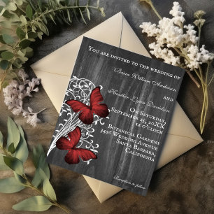 Invitación a la boda de mariposas rojas y rusticas