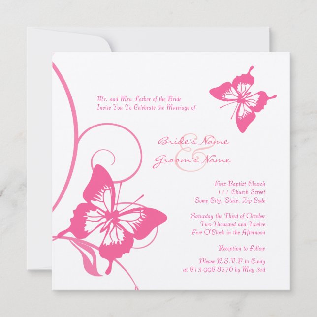 Invitación a la boda de mariposas rosas y blancas (Anverso)