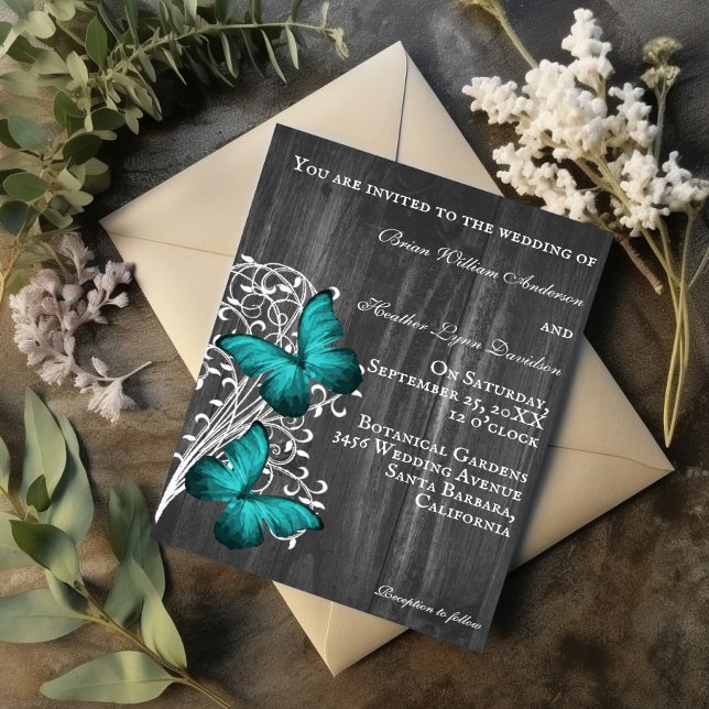 Invitación a la boda de mariposas rusticas verde a (Teal Rustic Butterfly Wedding Invitation)