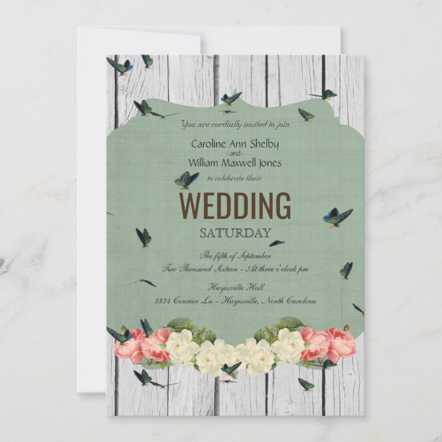 Invitación a la boda de mariposas Shabby Chic (Anverso)