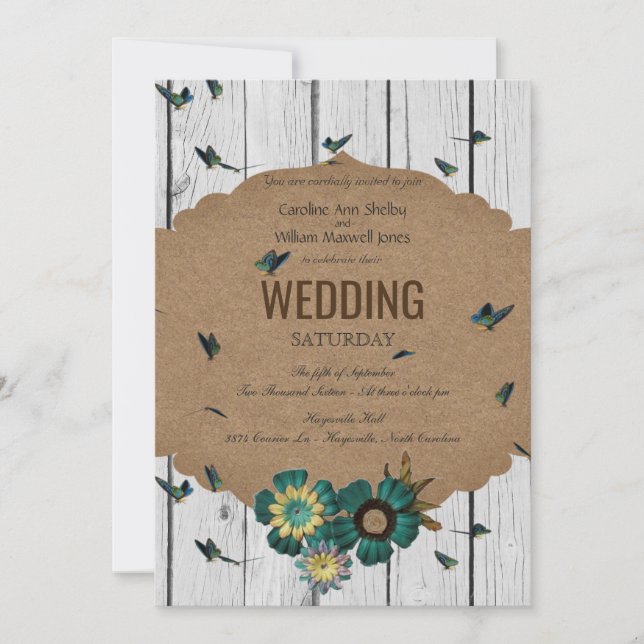 Invitación a la boda de mariposas Shabby Chic (Anverso)