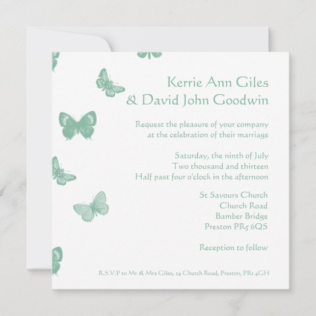 Invitación a la boda de mariposas verdes y blancas (Anverso)