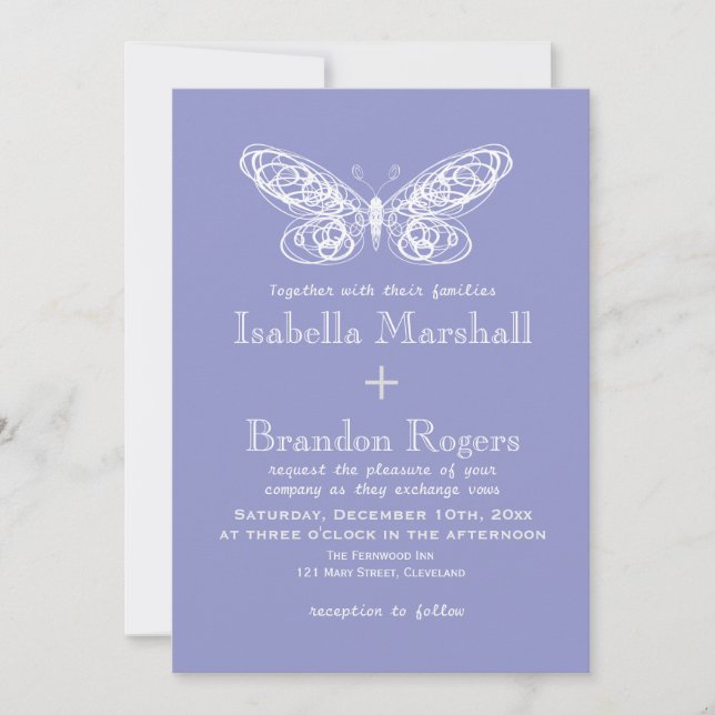 Invitación a la boda de mariposas violetas (Anverso)