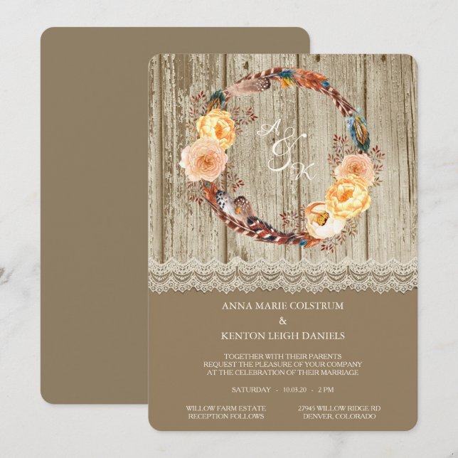 Invitación a la boda de mariscos de plumas rustica (Anverso / Reverso)