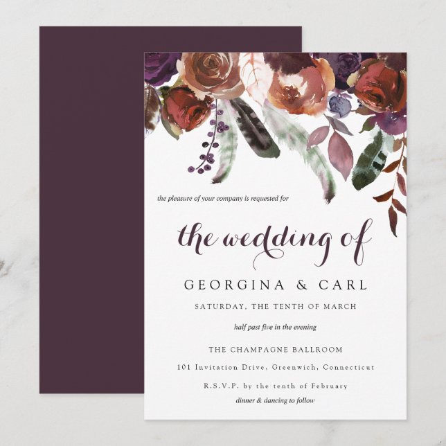 Invitación a la boda de maritero y ciruela 1 (Anverso / Reverso)
