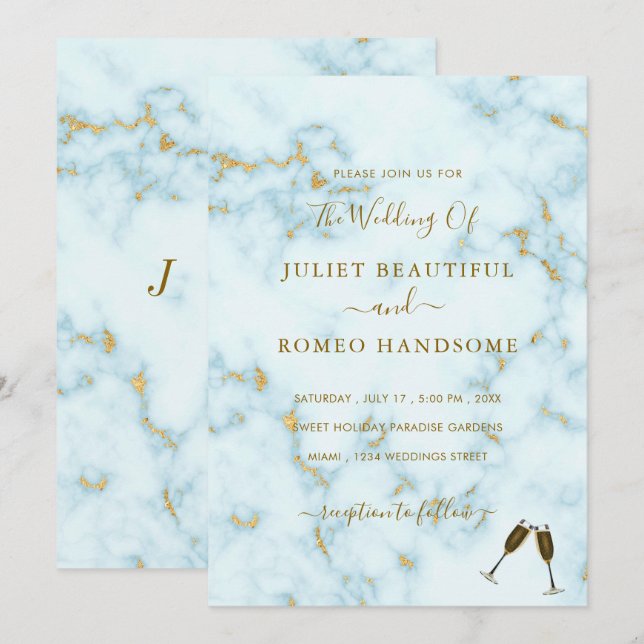 Invitación a la Boda de Mármol Blanco de Oro y Cha (Anverso / Reverso)
