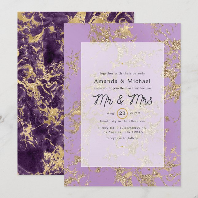 Invitación a la Boda de Mármol Morado y Oro (Anverso / Reverso)