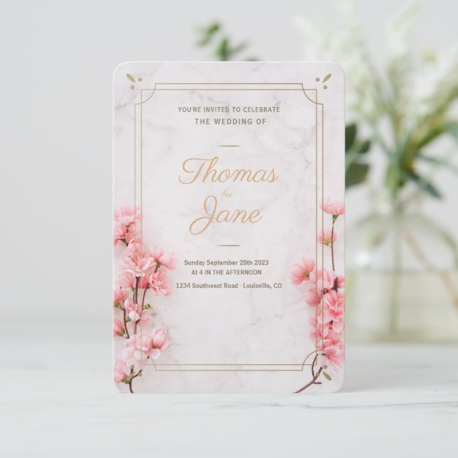 Invitación a la Boda de Mármol Rosa con flores de  (Anverso de pie)