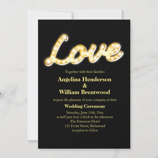 Invitación a la boda de Marquee Lights - negro (Anverso)