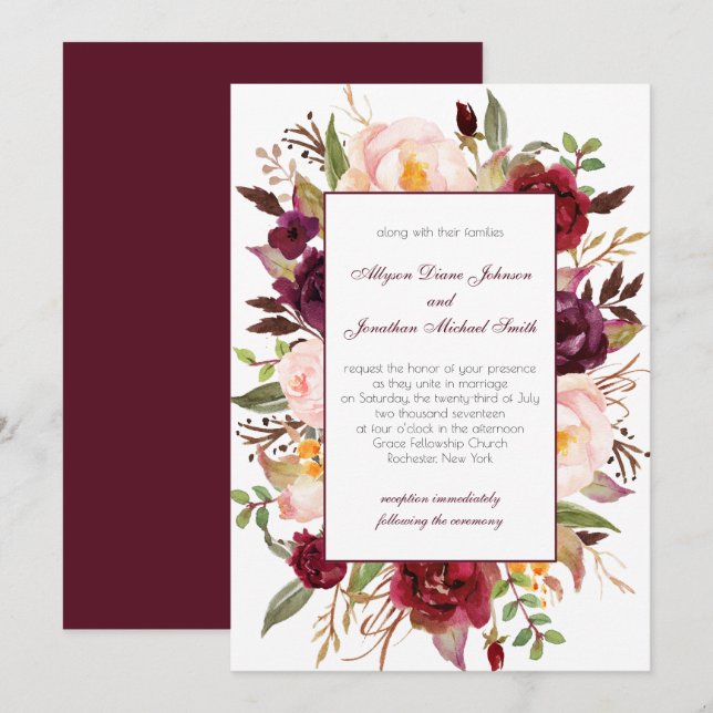 Invitación a la boda de Marsala con rosas blancas  (Anverso / Reverso)