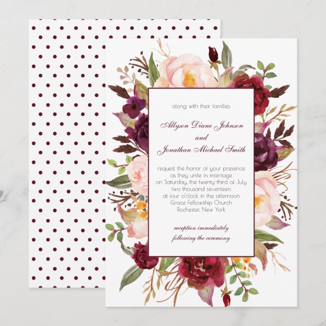 Invitación a la boda de Marsala con rosas blancas  (Anverso / Reverso)