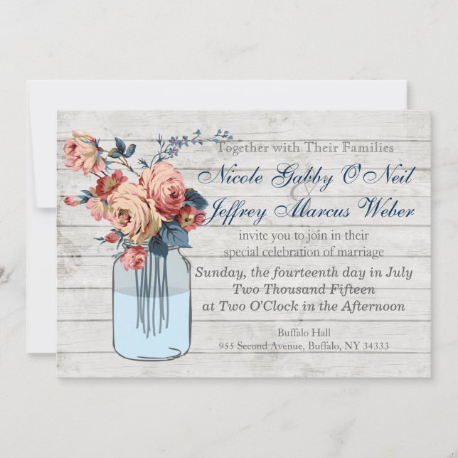 Invitación a la boda de Mason Jar con flores rusti (Anverso)