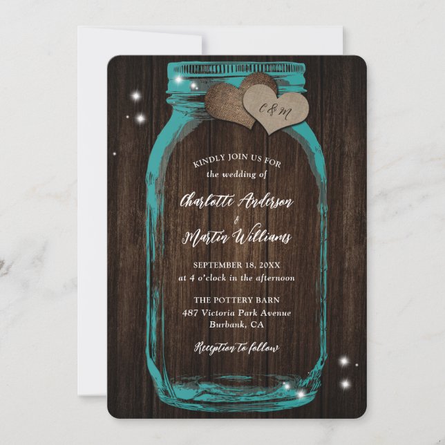 Invitación a la boda de Mason Jar de Barn Wood ver (Anverso)
