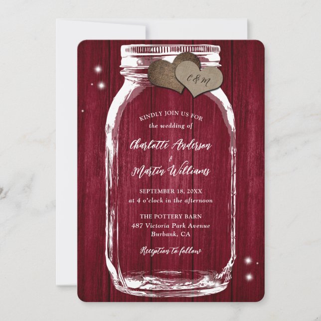 Invitación a la boda de Mason Jar de la Madera de  (Anverso)
