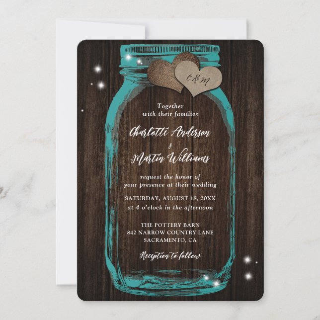 Invitación a la boda de mason jar en la Verde azul (Anverso)