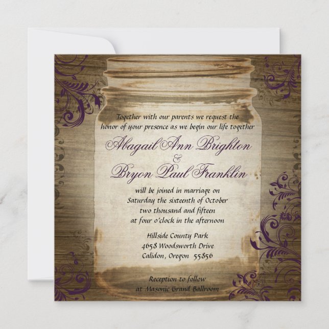 Invitación a la boda de Mason Jar Purple Square (Anverso)