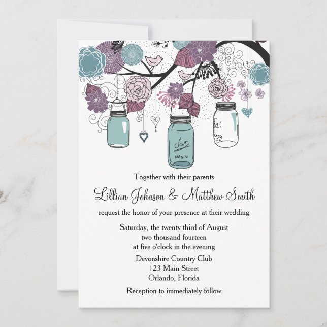 Invitación a la boda de Mason Jar - Púrpura y Azul (Anverso)