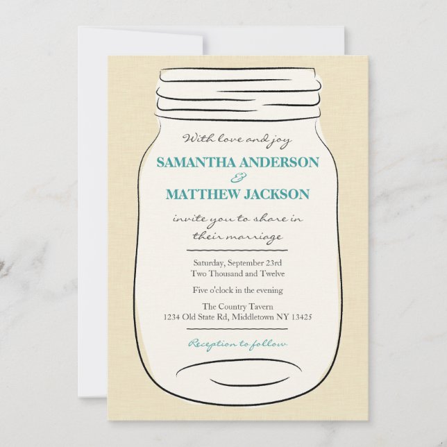 Invitación a la boda de Mason Jar - Verde azulado (Anverso)