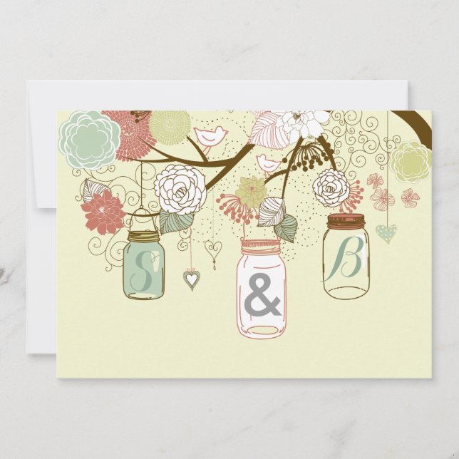 Invitación a la boda de mason jar y flores retro (Anverso)