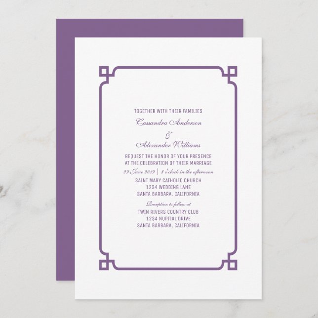 Invitación a la boda de Moda de deco morado (Anverso / Reverso)