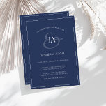 Invitación a la boda de monograma azul de la marin<br><div class="desc">Simple Invitación a la boda de un Monograma Azul de la Marina. Con estilo impresiona a sus bodas con esta invitación a una boda de color azul oscuro, de moda, con un hermoso guión blanco, con las iniciales de la novia y del novio sobre un fondo azul marino. Esta Invitación...</div>