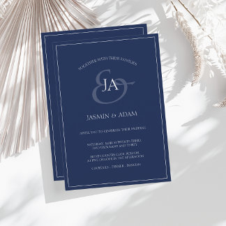 Invitación a la boda de monograma azul de la marin