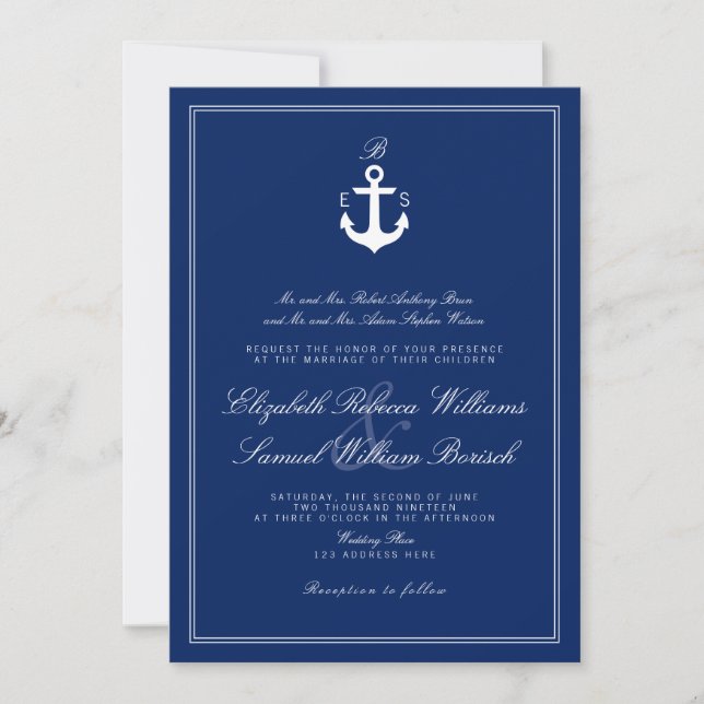 Invitación a la boda de monograma azul de la Marin (Anverso)
