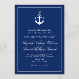 Invitación a la boda de monograma azul de la Marin