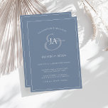 Invitación a la boda de monograma azul turbio y si<br><div class="desc">Simple Invitación de Boda en Monograma Azul Polvoriento. Con estilo impresiona a sus bodas invitados con esta invitación a una boda en color azul y polvoriento con un hermoso guión blanco, con las iniciales de la novia y del novio sobre un polvoriento fondo azul. Esta Invitación tiene un impresionante diseño...</div>