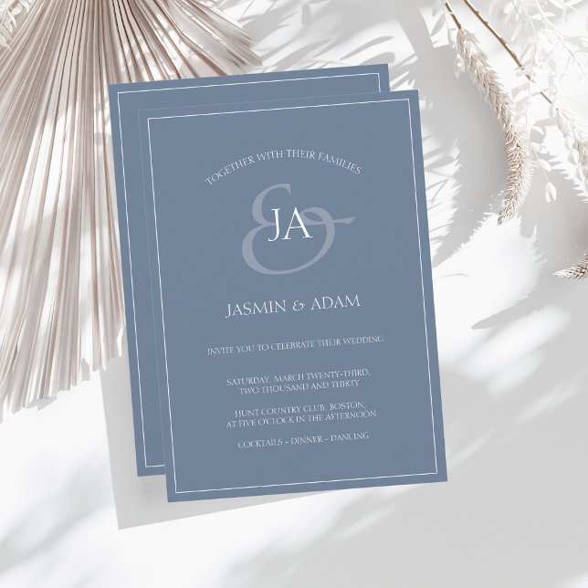 Invitación a la boda de monograma azul turbio y si (Subido por el creador)