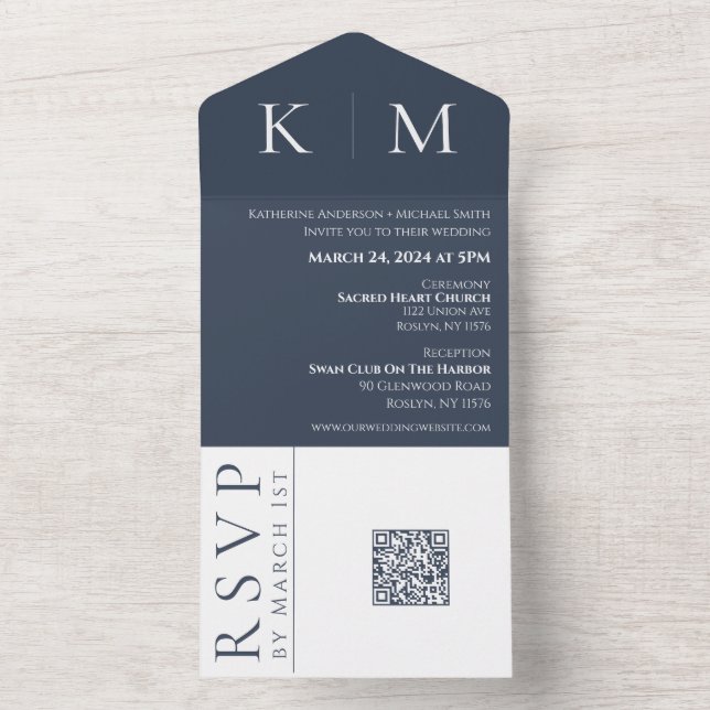 Invitación a la boda de monograma azul y blanco- (Interior)
