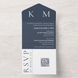 Invitación a la boda de monograma azul y blanco-