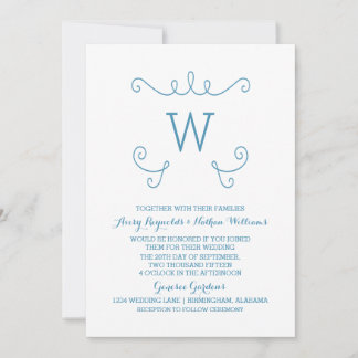 Invitación a la boda de monograma azul y sensacion