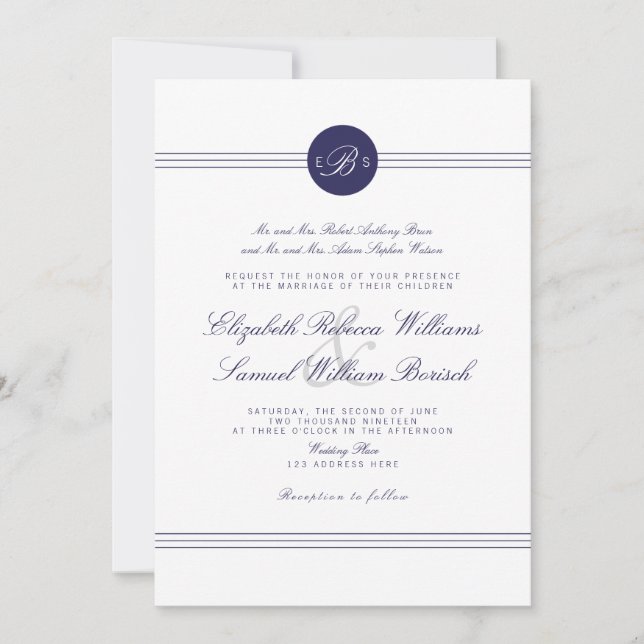 Invitación a la boda de monograma blanco de la Mod (Anverso)