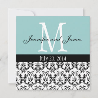 Invitación a la boda de monograma Damask azul