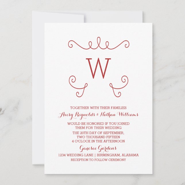 Invitación a la boda de monograma de flor rojo y c (Anverso)