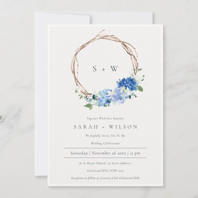 Invitación a la boda de monograma de la floral azu (Anverso)
