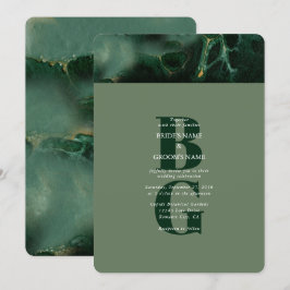 Invitación a la boda de monograma de mármol verde