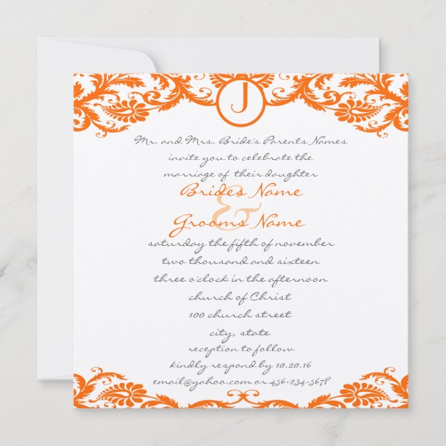 Invitación a la boda de monograma de Naranja cuadr (Anverso)
